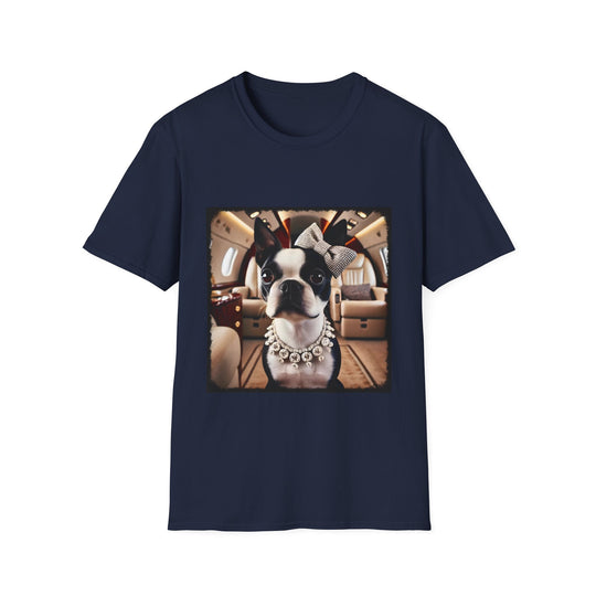 Boston Terrier Jet Setter design dog lover unisex t-shirt in navy