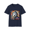 Navy Blue dog t-shirt featuring Westie in black hoodie with swirling red blue orange and gold background.