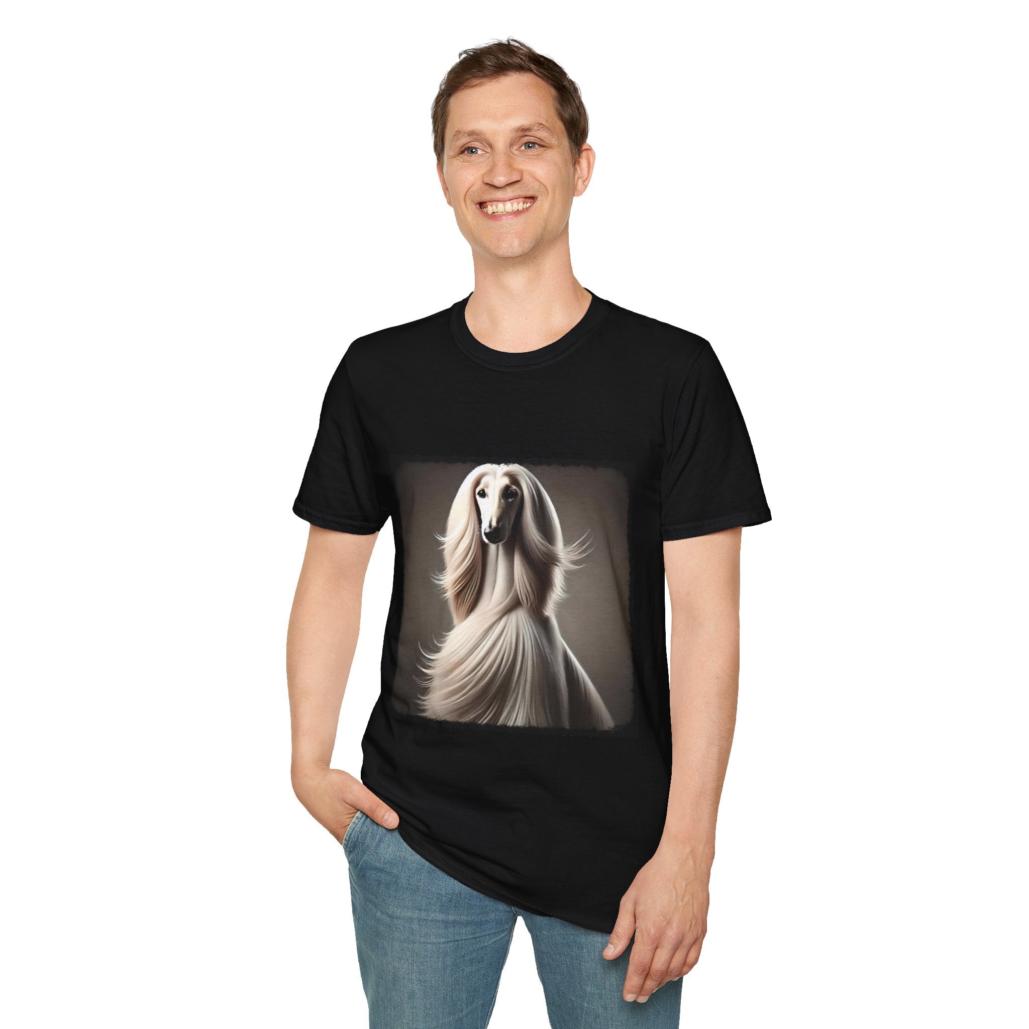 Front view of person wearing a black dog t-shirt featuring a White Afghan Hound with flowing hair, set against a soft background