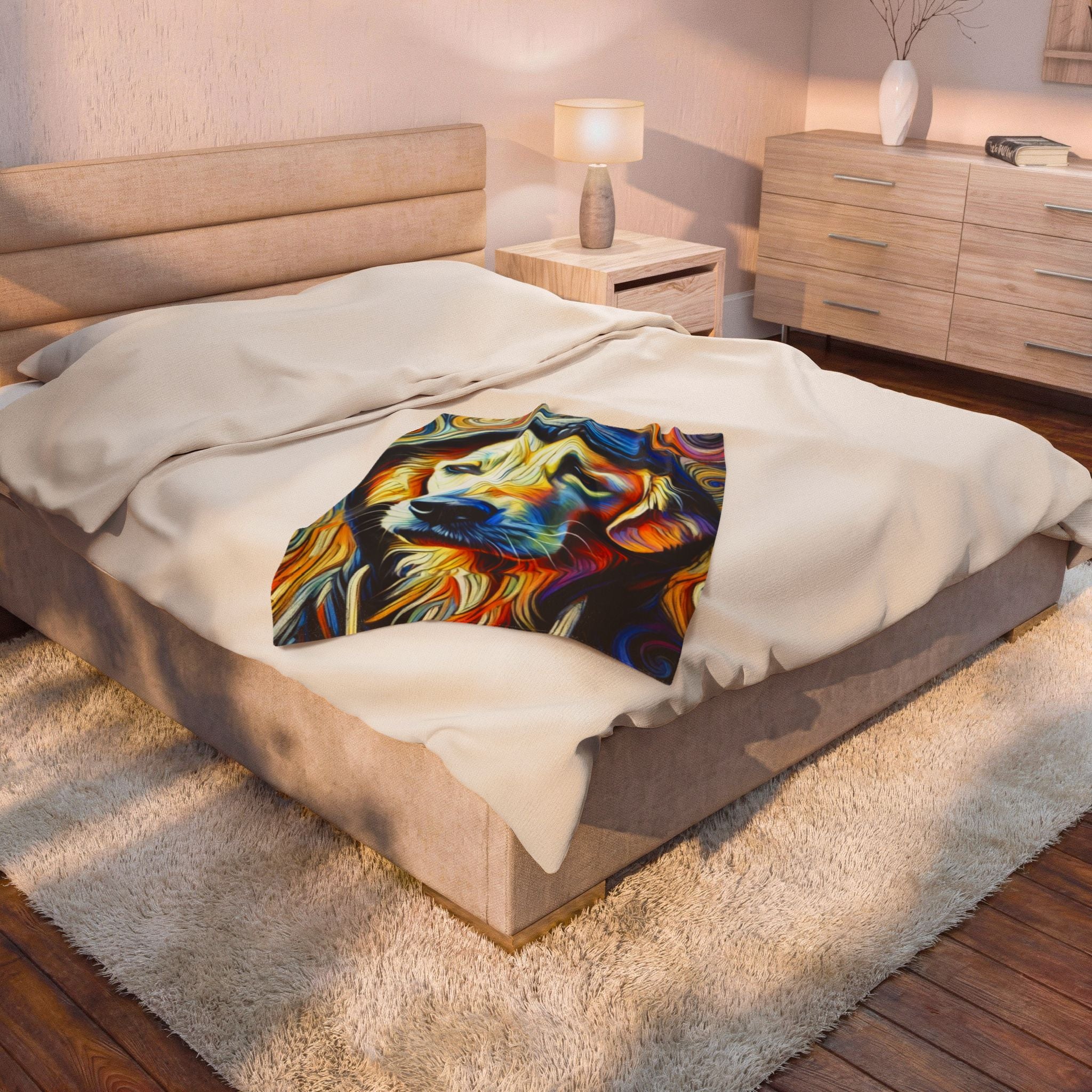 A bed in a styled bedroom setting, featuring a cream-colored duvet and pillows with a colorful abstract lion print patch on the front. The room includes a beige upholstered bed frame, a wooden nightstand with a lamp, a wooden dresser, and a shag rug.