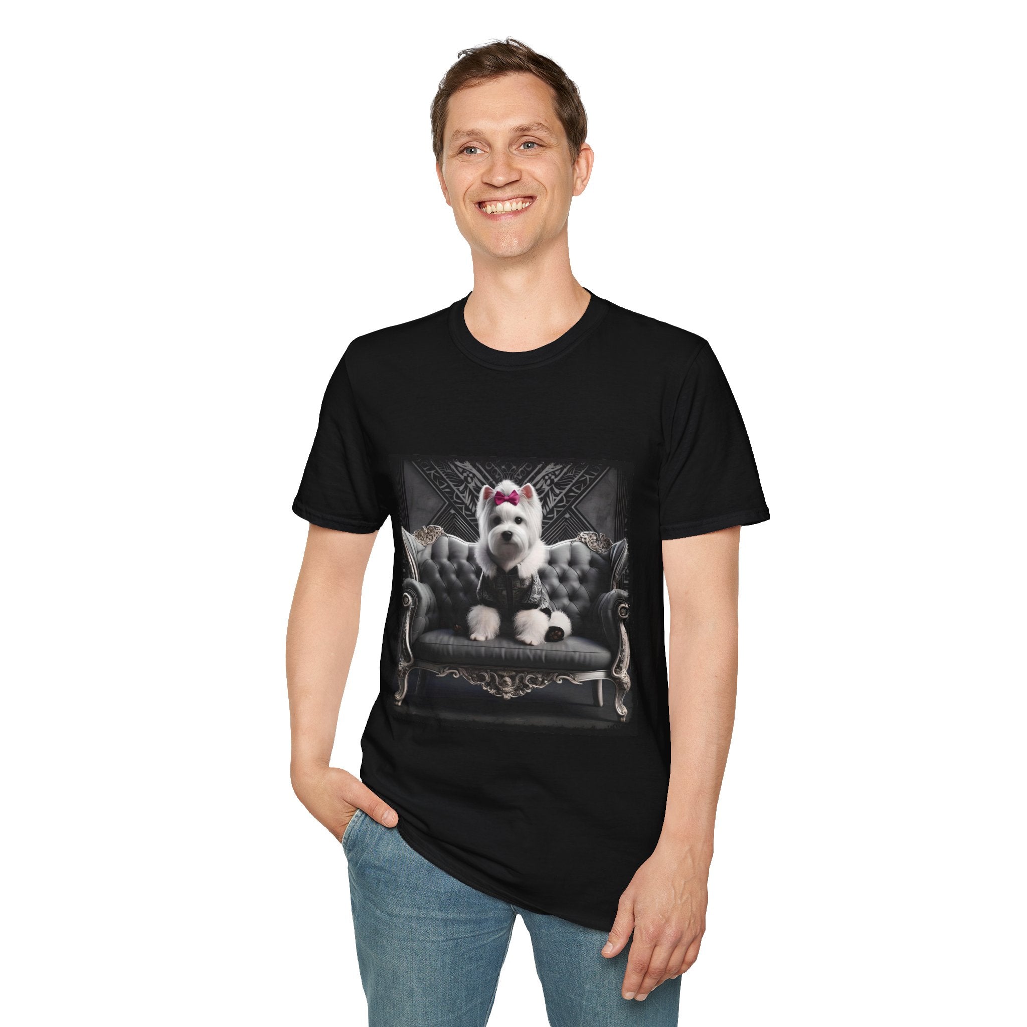 Male model in black dog t-shirt featuring Westie in black outfit with pink bow seated on ornate gothic black couch.