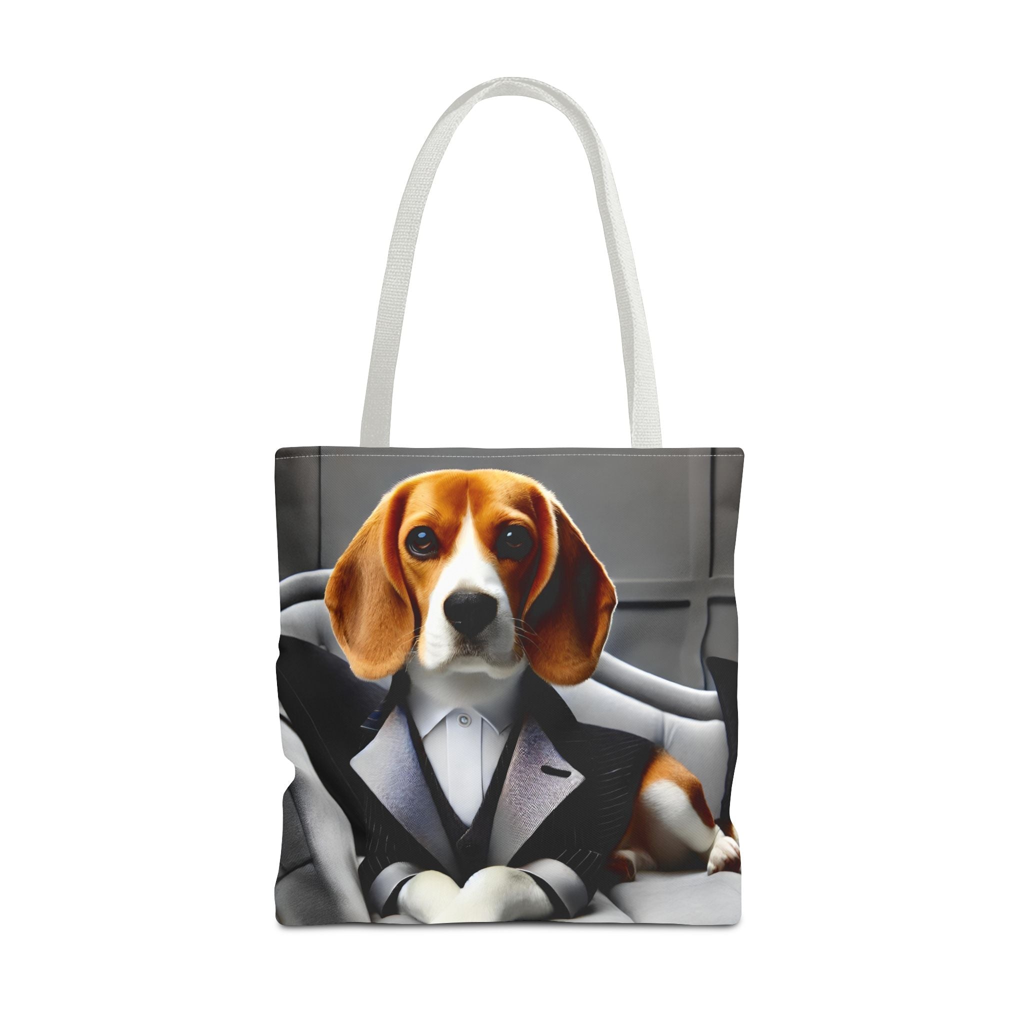 A white fabric tote bag featuring a printed graphic of a beagle dog dressed in a black tuxedo and white shirt, sitting in a gray car interior.