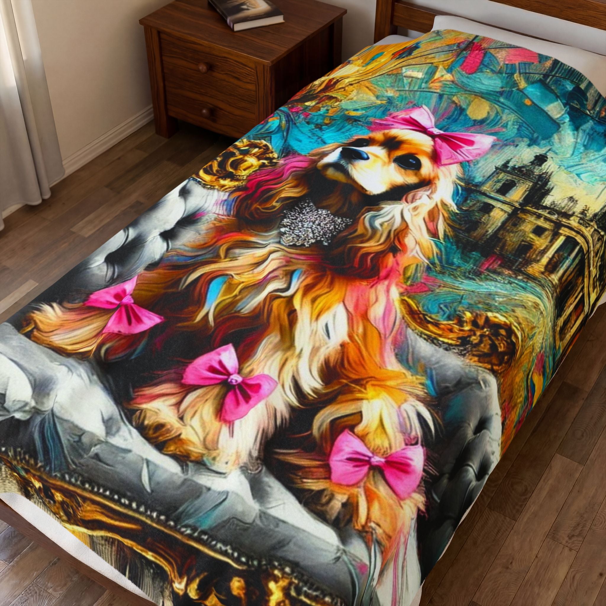Cocker Spaniel velveteen plush blanket featuring the "Diamond Princess Classic" design with elegant diamond-inspired artwork for Cocker Spaniel lovers.
