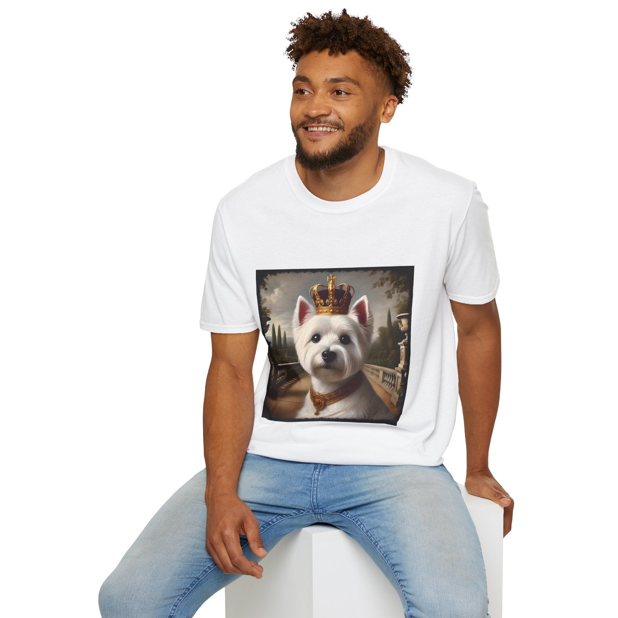 Male model in white dog t-shirt featuring regal Westie in gold crown and collar on palace terrace background.