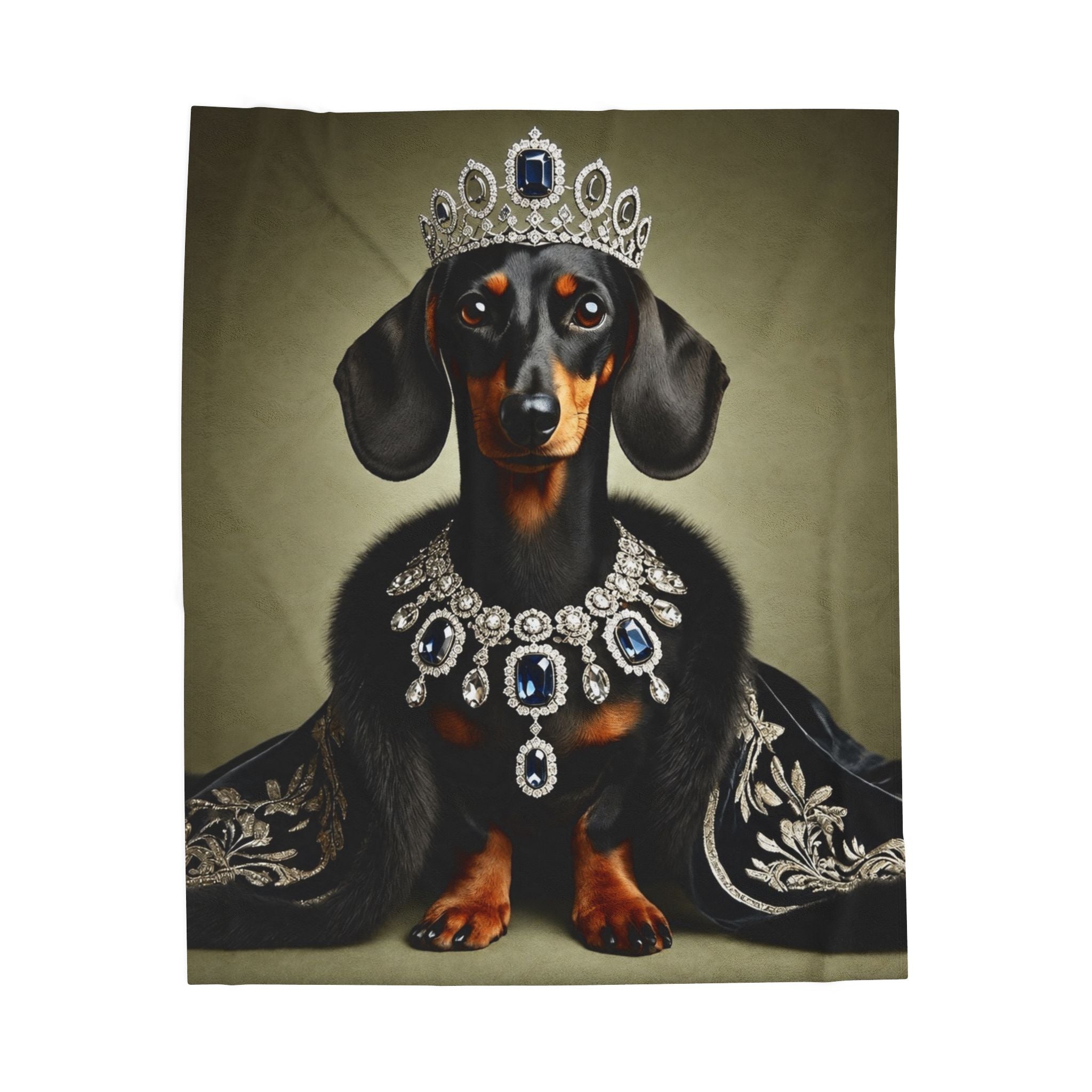 A blanket featuring a dachshund dressed as royalty, wearing a jeweled crown and necklace with a dark embroidered robe, centered on a muted olive background.