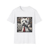 White dog t-shirt featuring a Westie in a red tie seated on a tufted chair in a wood-accent room.