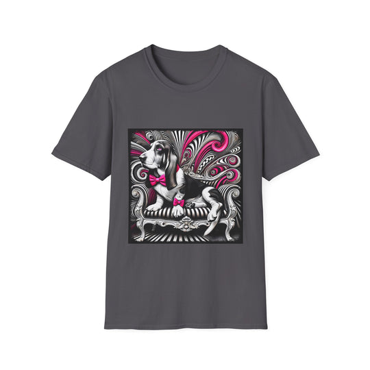 Basset Hound B&W Pink Bow Bold design dog lover unisex t-shirt in charcoal