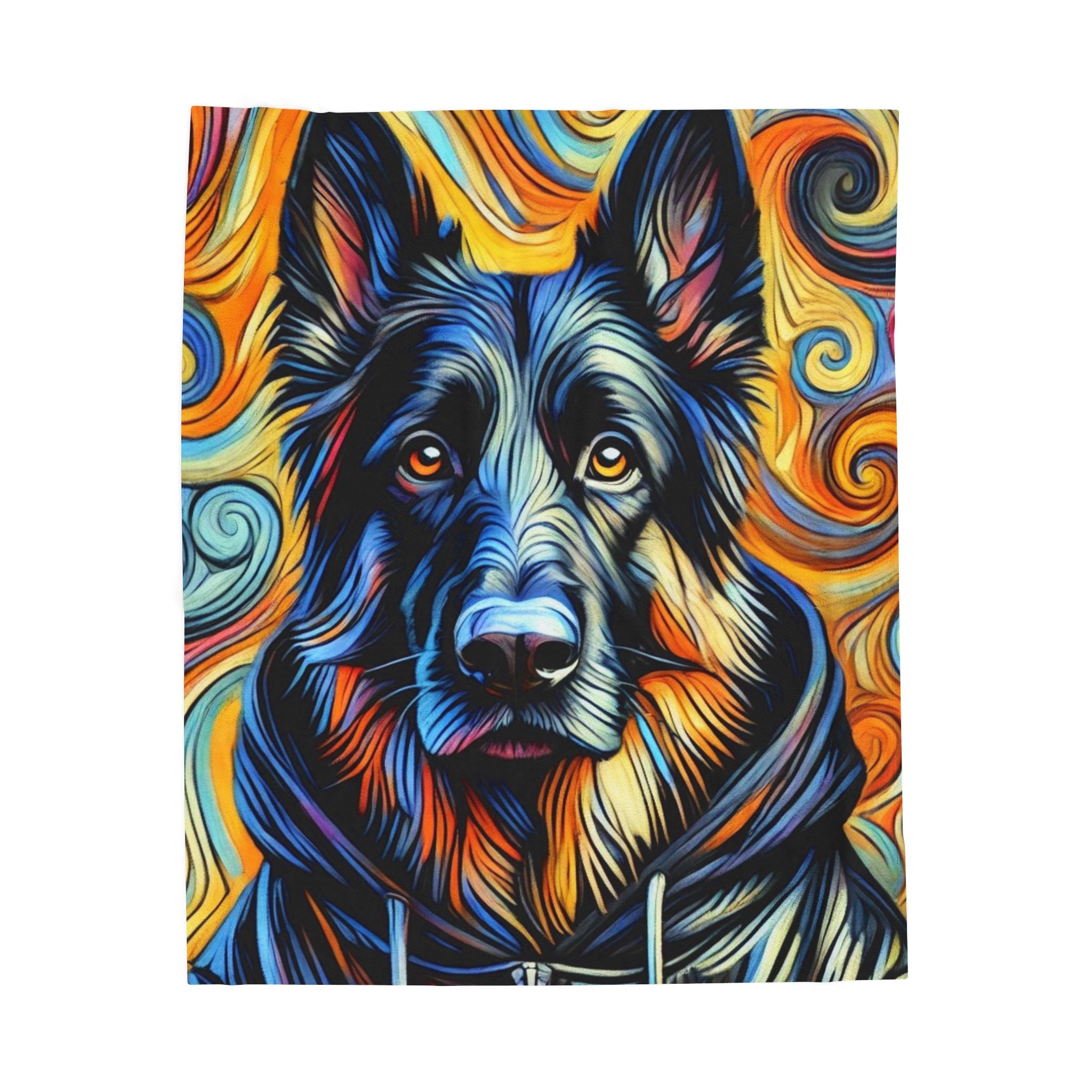 A colorful art print of a German Shepherd dog's face and upper body, rendered in a swirling, psychedelic style with blue, orange, yellow, and black tones, shown against a plain white background.