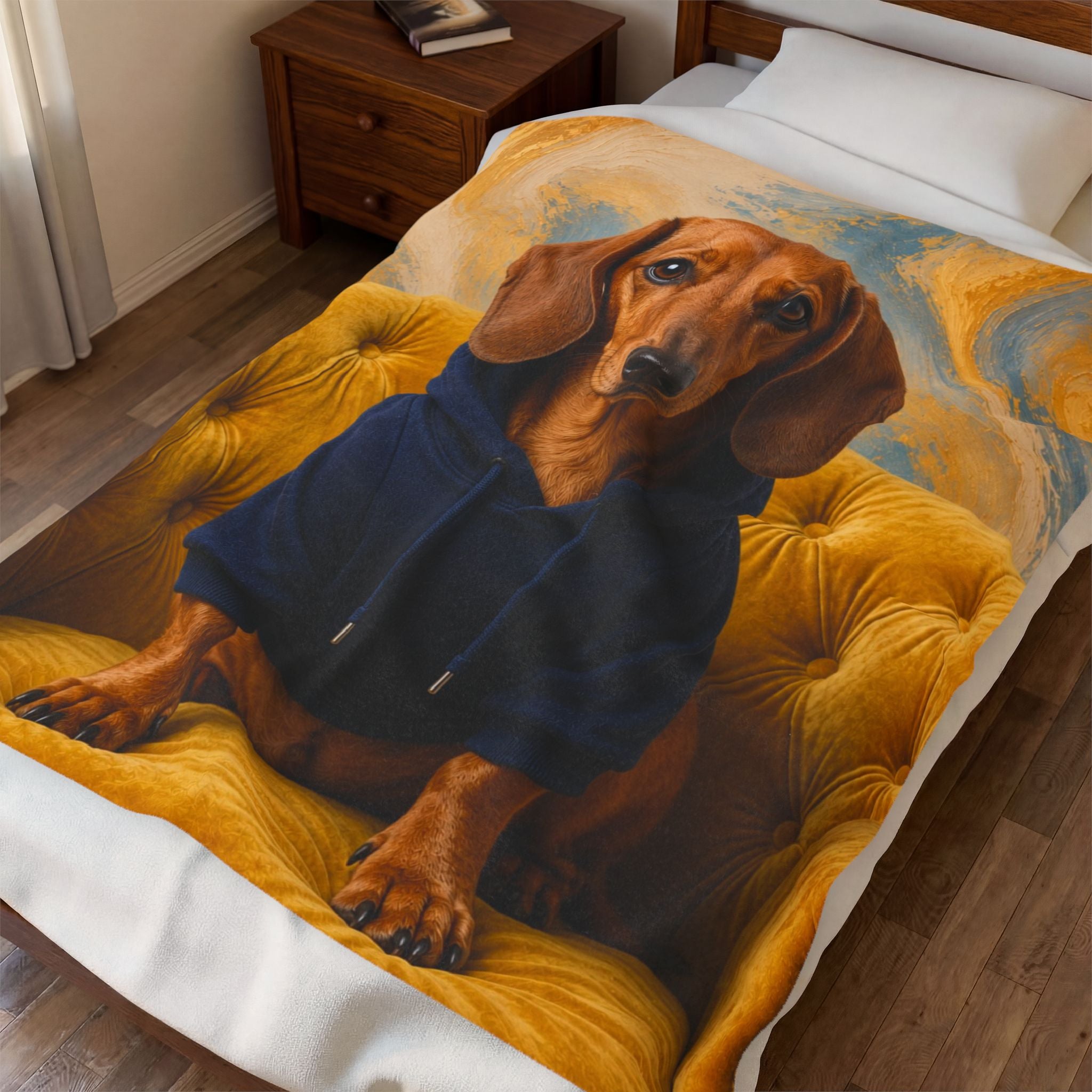A custom pet portrait printed on a white duvet cover, featuring a dachshund wearing a navy blue hoodie and sitting on a yellow tufted chair, shown on a bed in a bedroom.