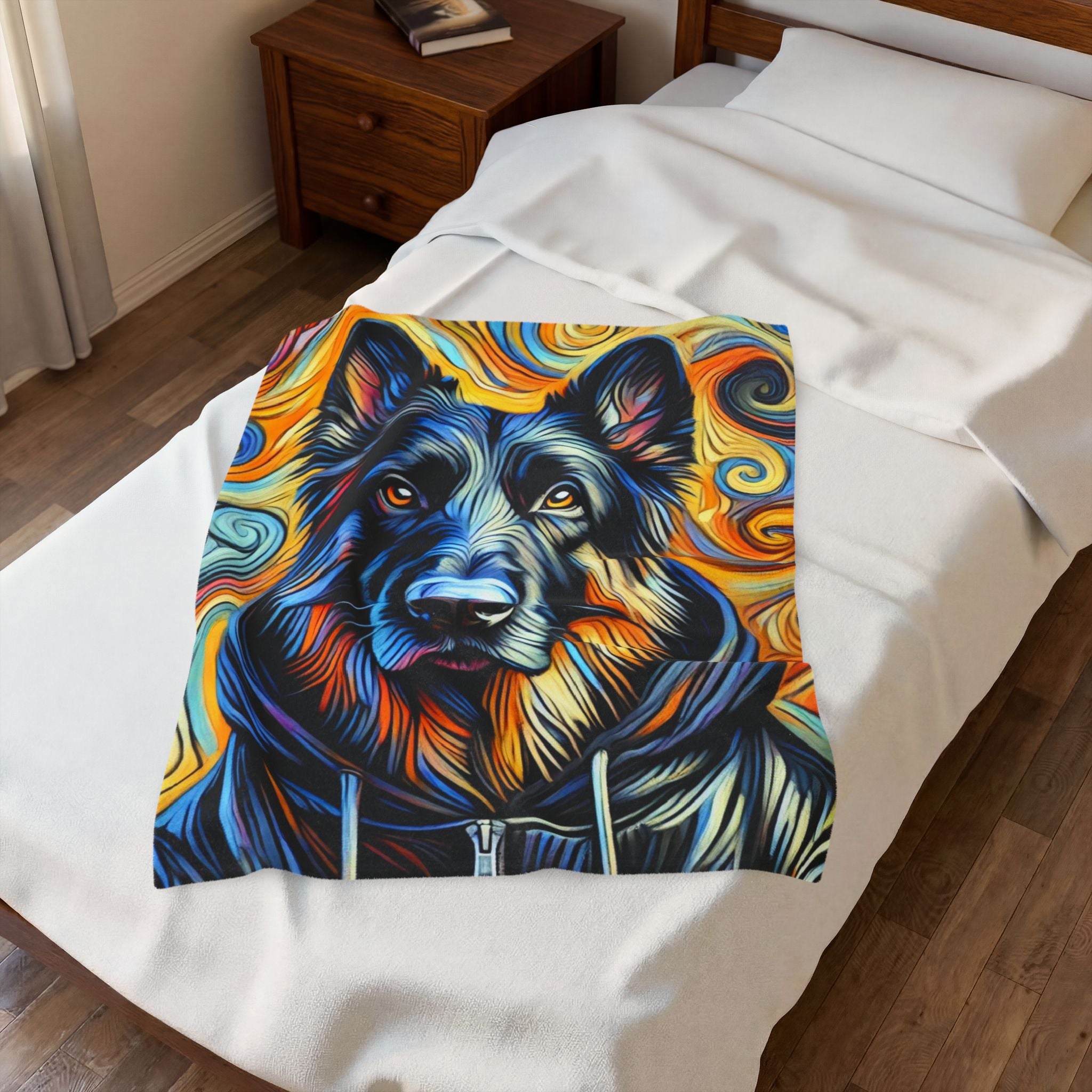 A colorfulGerman Shepherd  portrait blanket is spread across a white bed in a bedroom setting, with a wooden nightstand and floor visible in the background. German Shepherd velveteen plush blanket featuring the "Hoodie Swirl II" design with modern hoodie-inspired swirl artwork for German Shepherd lovers.
