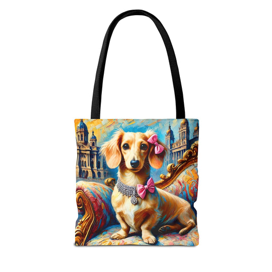 A tote bag with black handles featuring a colorful printed illustration of a dachshund wearing pink bows and a jeweled collar, seated on an ornate sofa with a cityscape background.