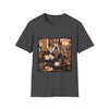 A dark gray crewneck t-shirt featuring a square graphic print of an elegant bulldog dressed in ornate historical royal clothing, set against a plain white background.