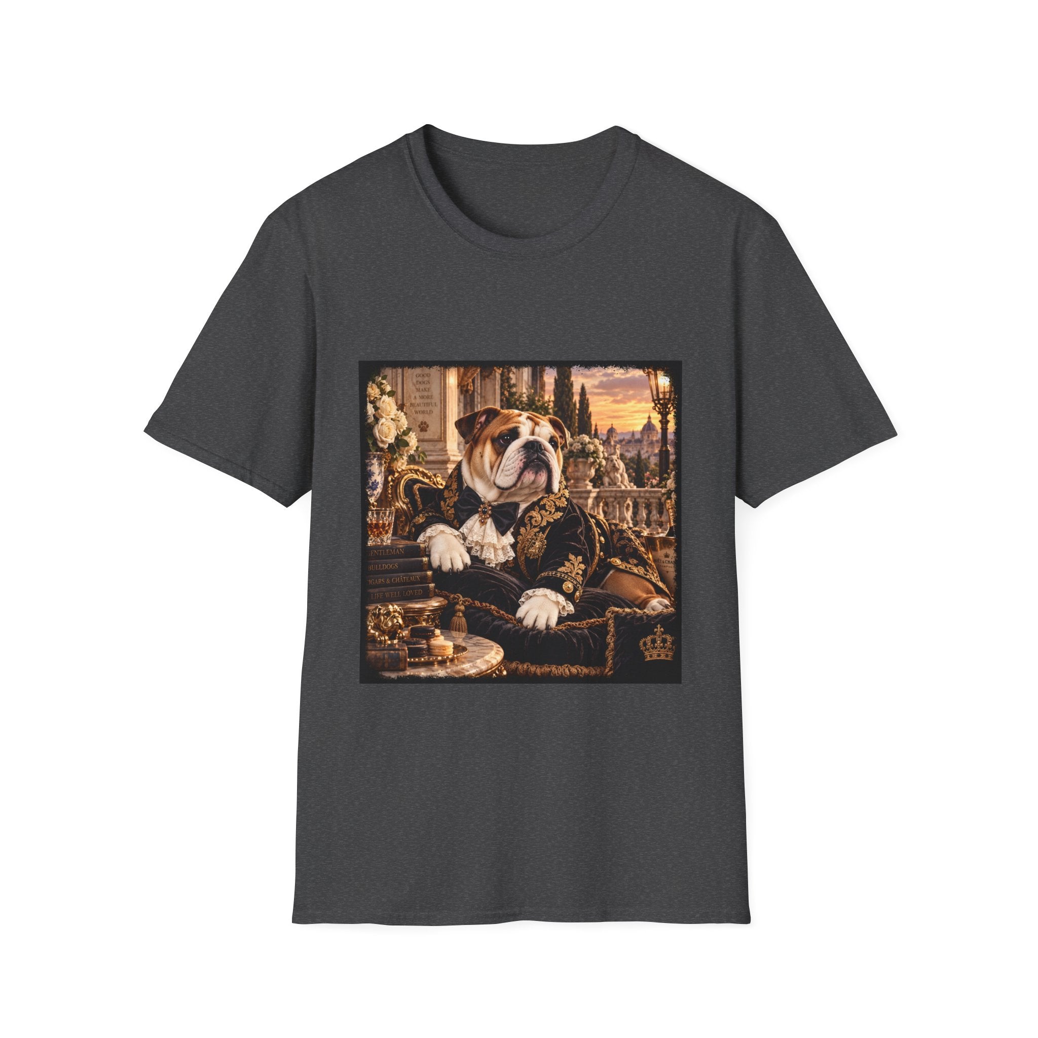 A dark gray crewneck t-shirt featuring a square graphic print of an elegant bulldog dressed in ornate historical royal clothing, set against a plain white background.