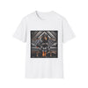 White dog t-shirt featuring coonhound in edgy black bomber jacket with fur cuffs, seated on a tufted leather settee.
