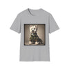 Sport gray dog t-shirt featuring Westie in camouflage jacket and pleated skirt against neutral backdrop.