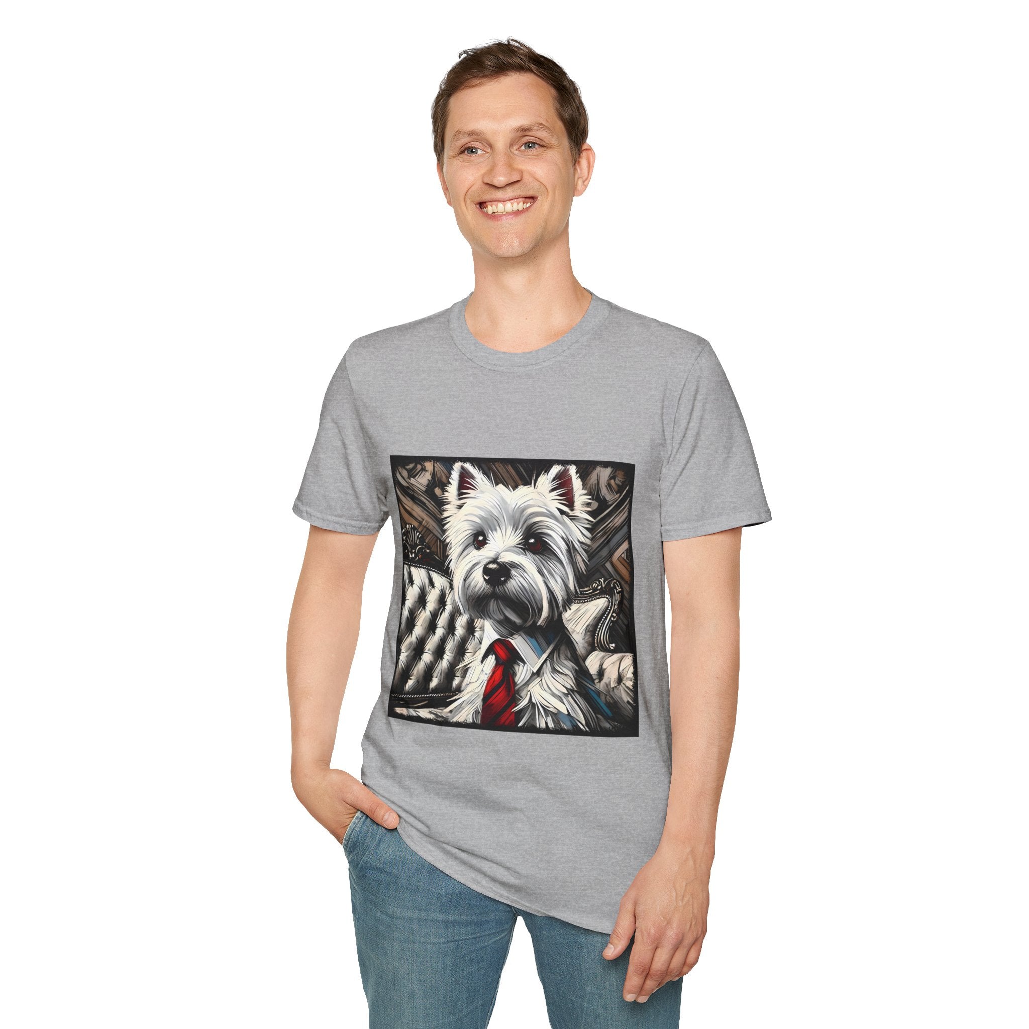 Male model in sport gray dog t-shirt featuring a Westie in a red tie seated on a tufted chair in a wood-accent room.