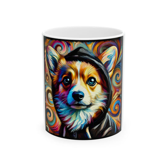 A white ceramic mug featuring a colorful, stylized digital illustration of a corgi wearing a black hoodie, set against a plain white background.
