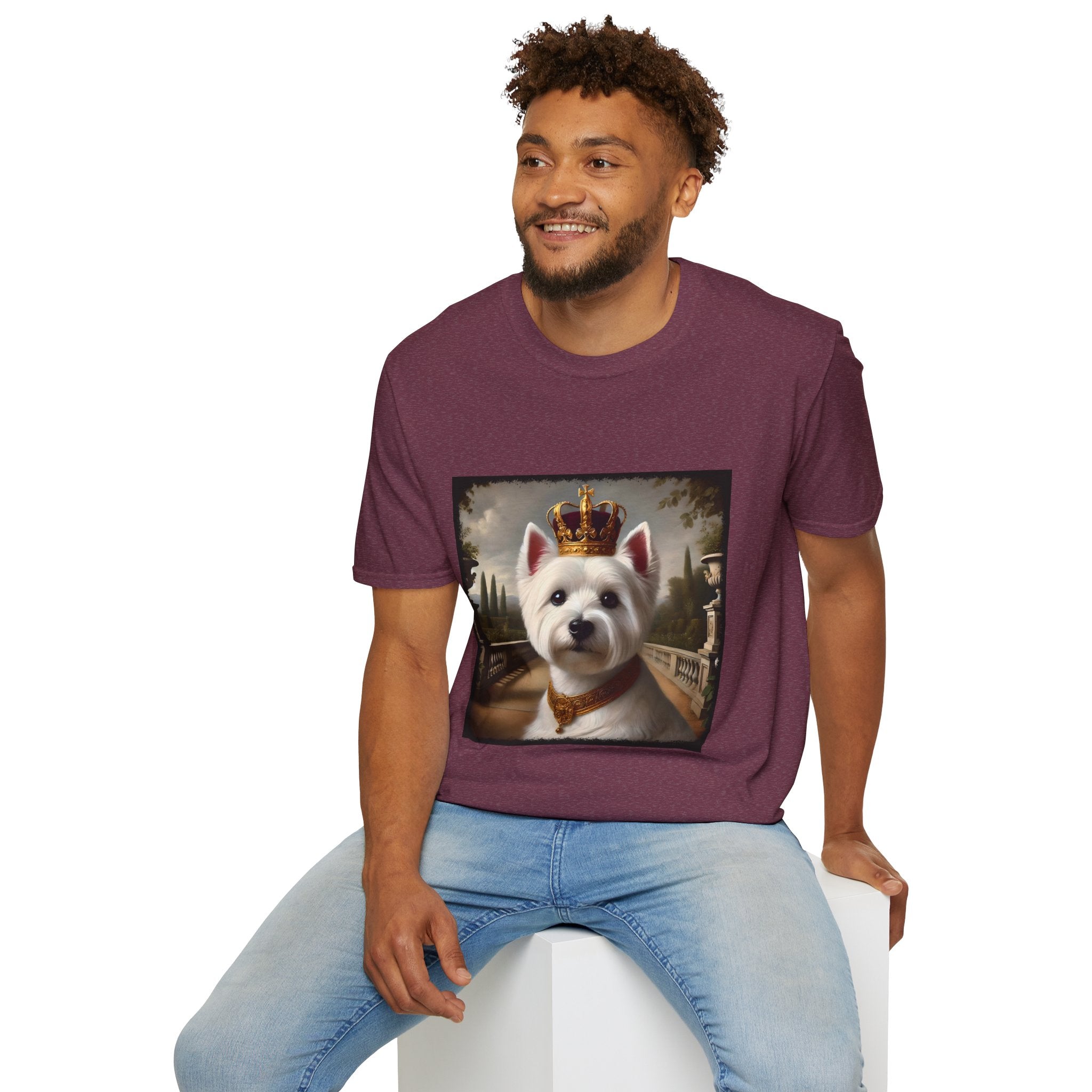 Male model in heather maroon dog t-shirt featuring regal Westie in gold crown and collar on palace terrace background.