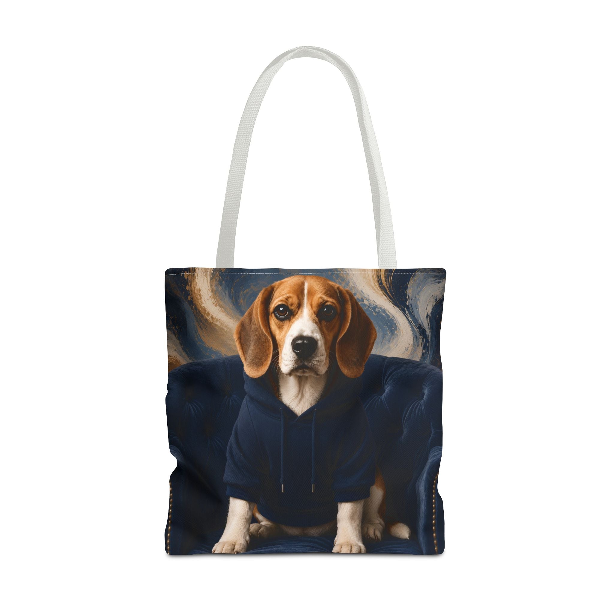 A tote bag with white shoulder straps featuring a printed graphic of a beagle dog wearing a navy blue hoodie, set against a plain white background.