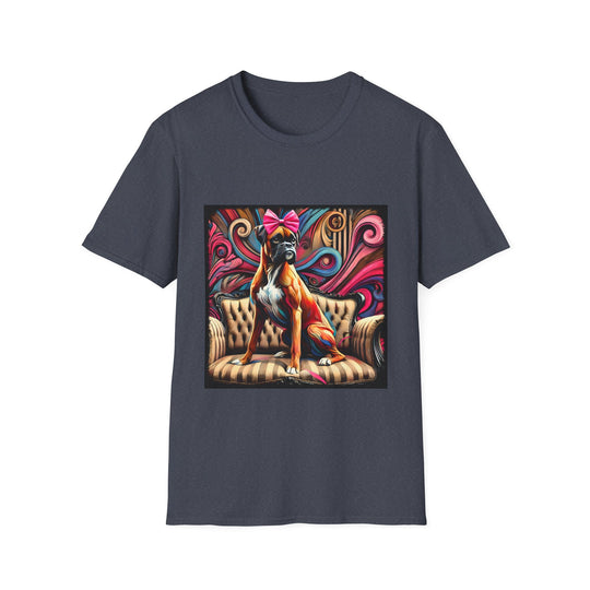 Boxer Pink Bow Swirl design dog lover unisex t-shirt in heather navy