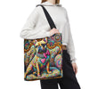 A person wearing a white cropped hoodie and black pants carries a large shoulder tote bag featuring a colorful, psychedelic illustration of a French Bulldog with swirl patterns and a pink bow tie, against a plain white background.