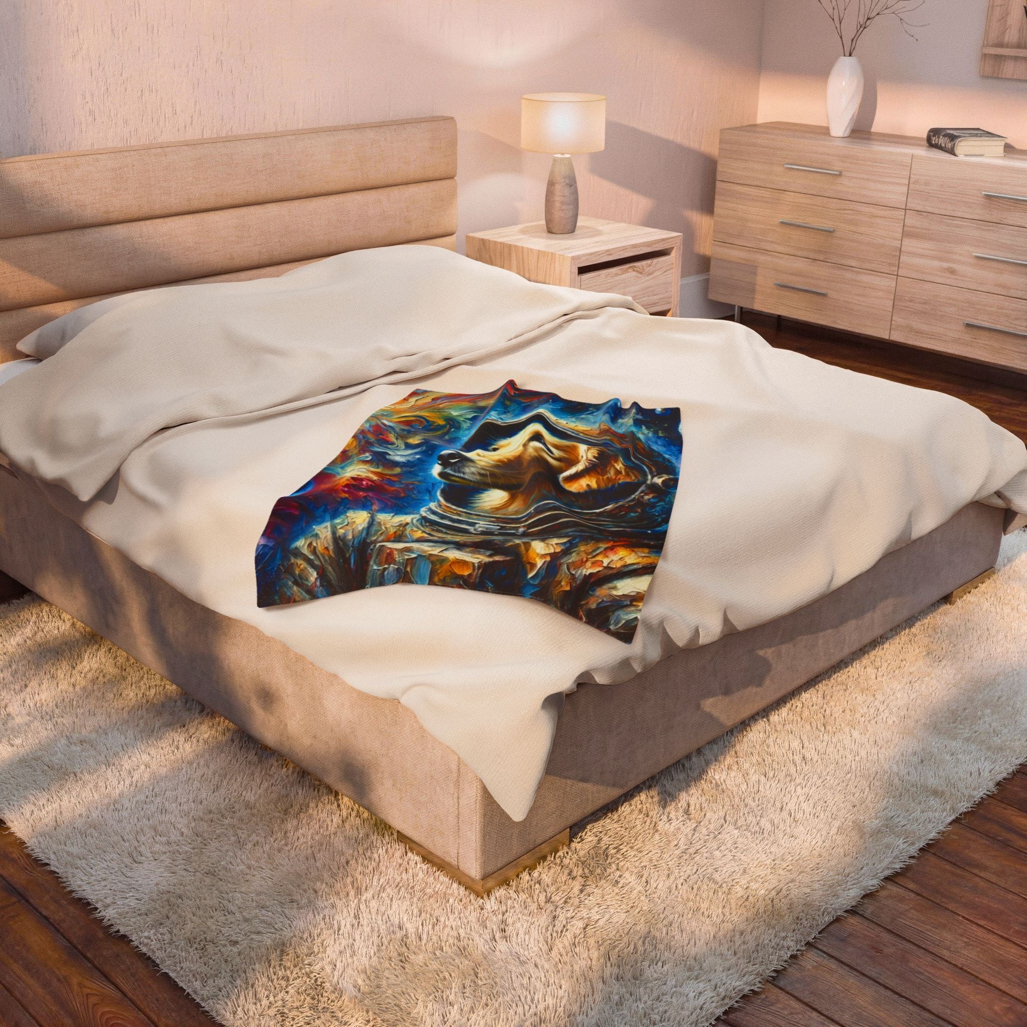 On a bed featuring Golden Retriever velveteen plush blanket featuring the "Space Pup" design with fun space-inspired artwork for Golden Retriever lovers.
