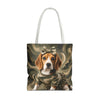A tote bag with white shoulder straps, featuring a printed graphic of a beagle dog wearing a camouflage outfit and bow against a swirling abstract background.