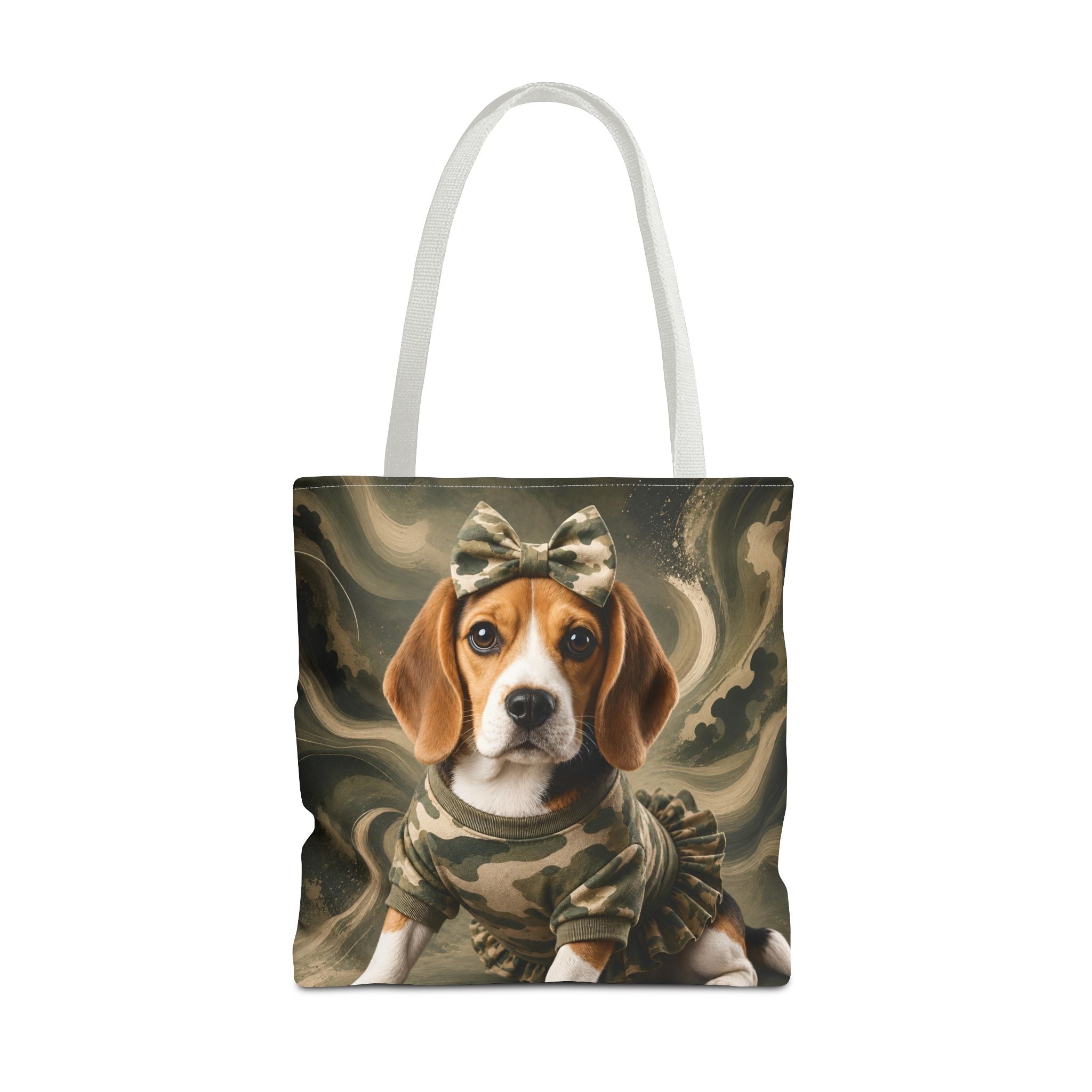 A tote bag with white shoulder straps, featuring a printed graphic of a beagle dog wearing a camouflage outfit and bow against a swirling abstract background.