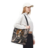 A woman wearing a white cap, white sweatshirt, and black pants carries a canvas tote bag featuring a printed illustration of a beagle dog in a camouflage hoodie against a smoky gray background.
