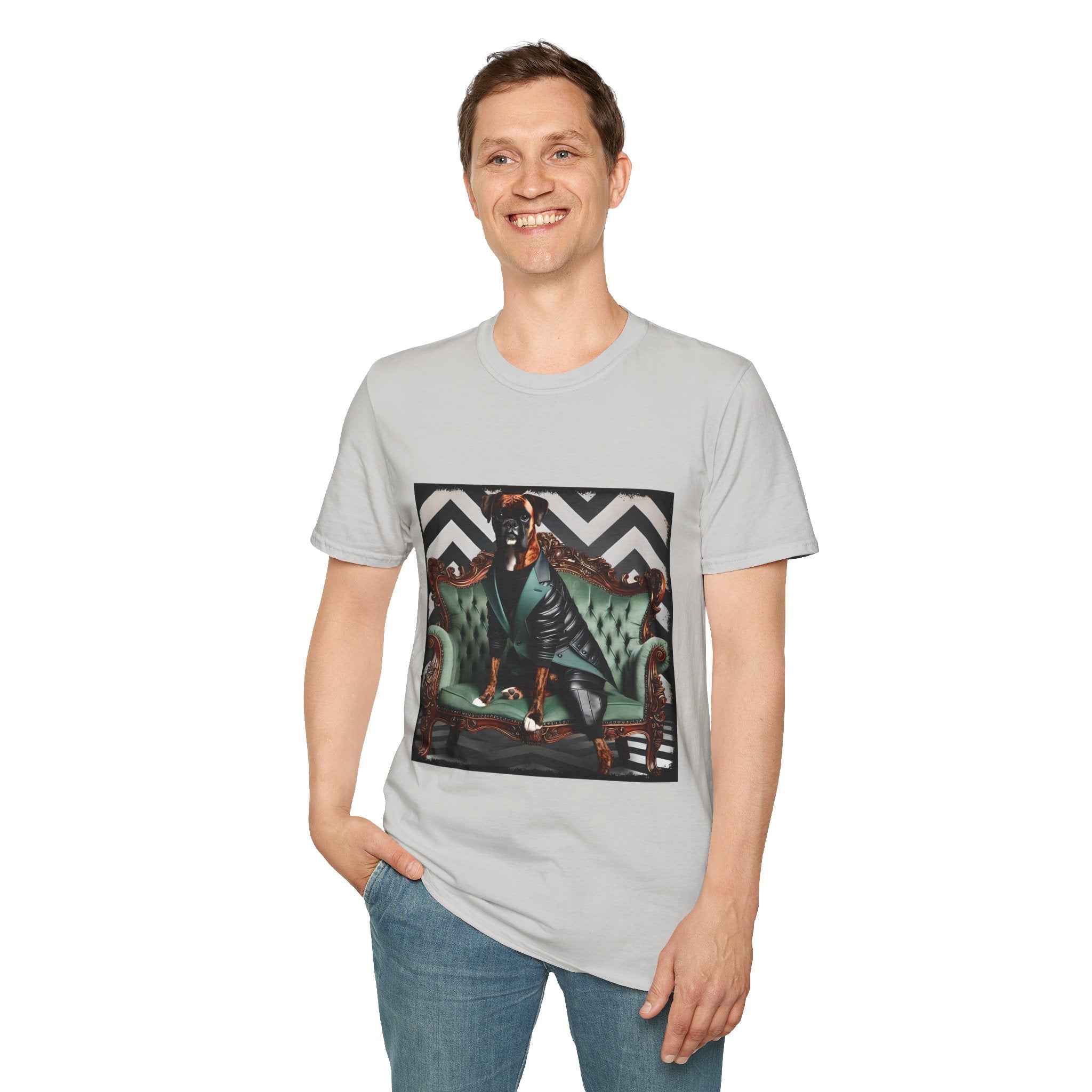 Male model in ice gray dog t-shirt featuring a brindle boxer in leather jacket on green settee with chevron wall backdrop.