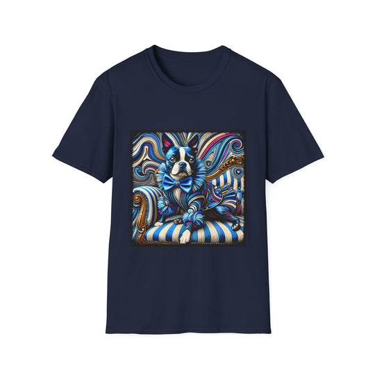 Boston Terrier Blue Rocker design dog lover unisex t-shirt in navy