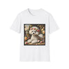 White t-shirt with a Bichon Frise graphic and floral design on a white background