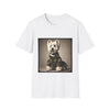 White dog t-shirt featuring Westie in camouflage jacket and pleated skirt against neutral backdrop.