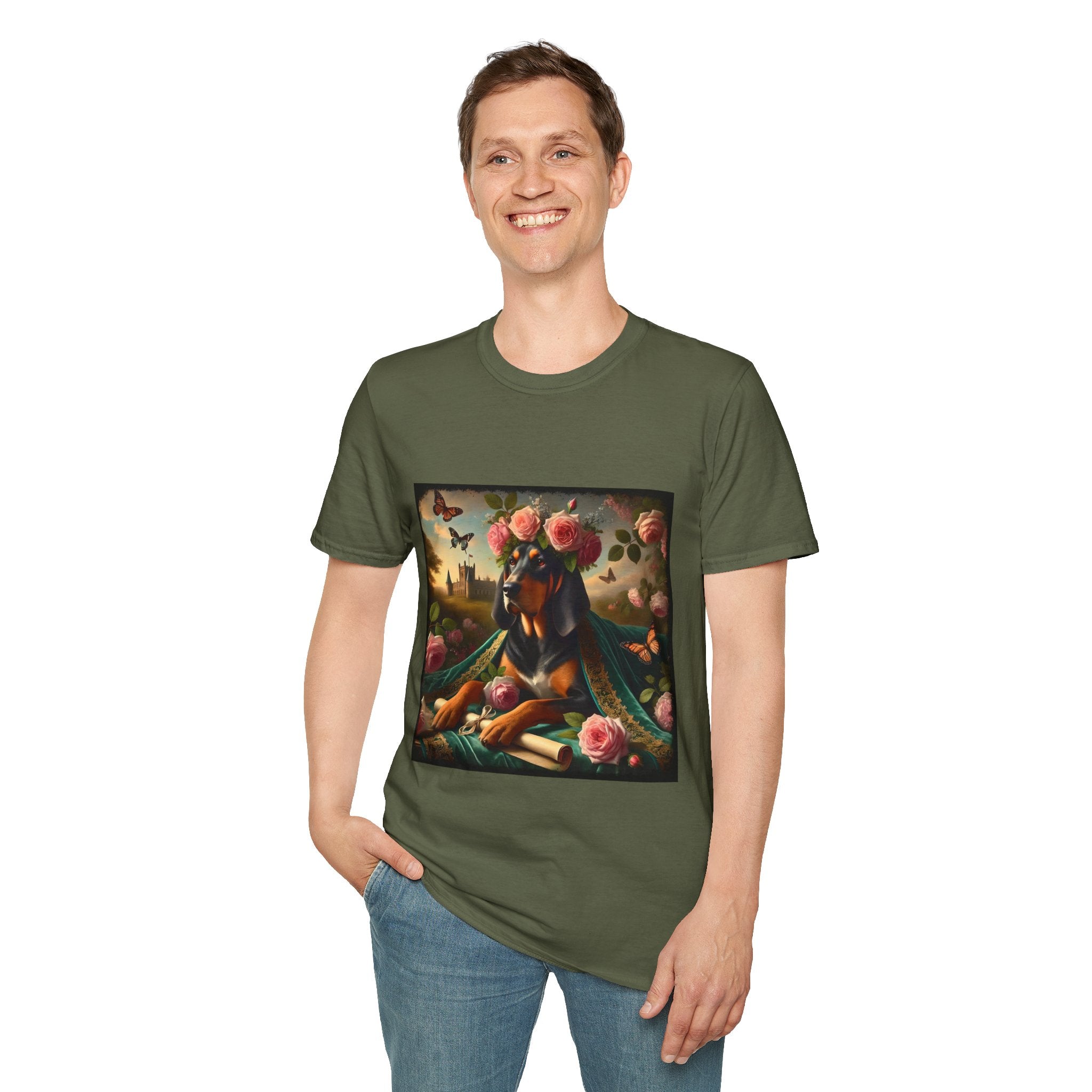 Male model in military green dog t-shirt featuring coonhound in rose garden wearing green embroidered cape and crown of pink flowers.