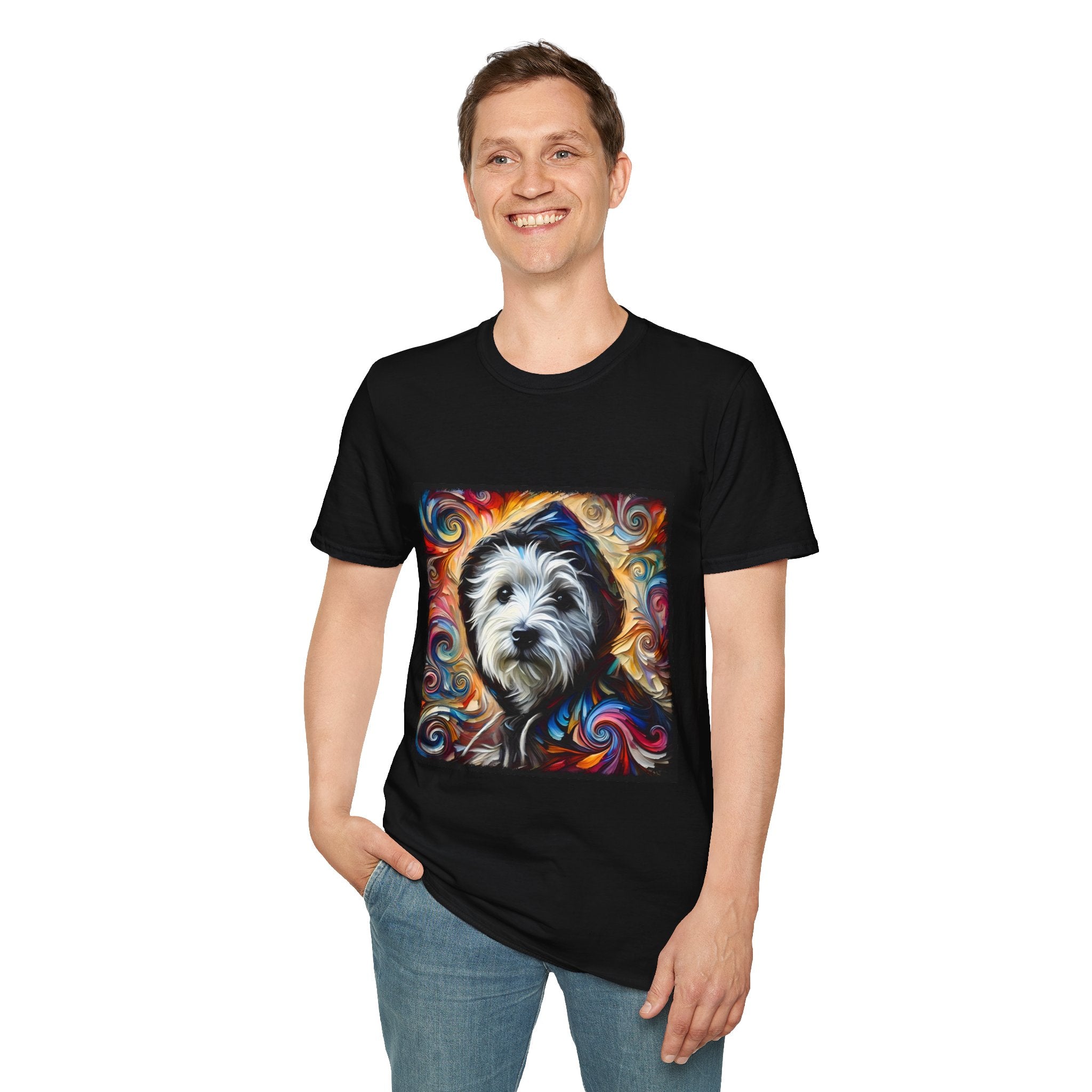 Male model in black dog t-shirt featuring Westie in black hoodie with swirling red blue orange and gold background.