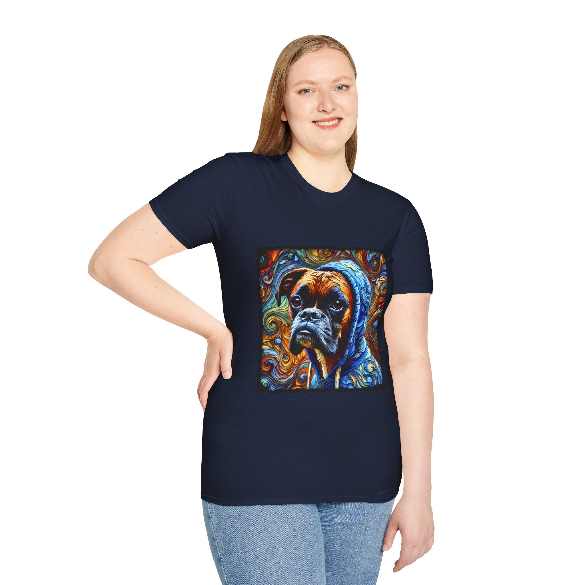 Female model in navy dog t-shirt featuring a boxer in a blue hoodie with swirled orange, gold, and teal background design.