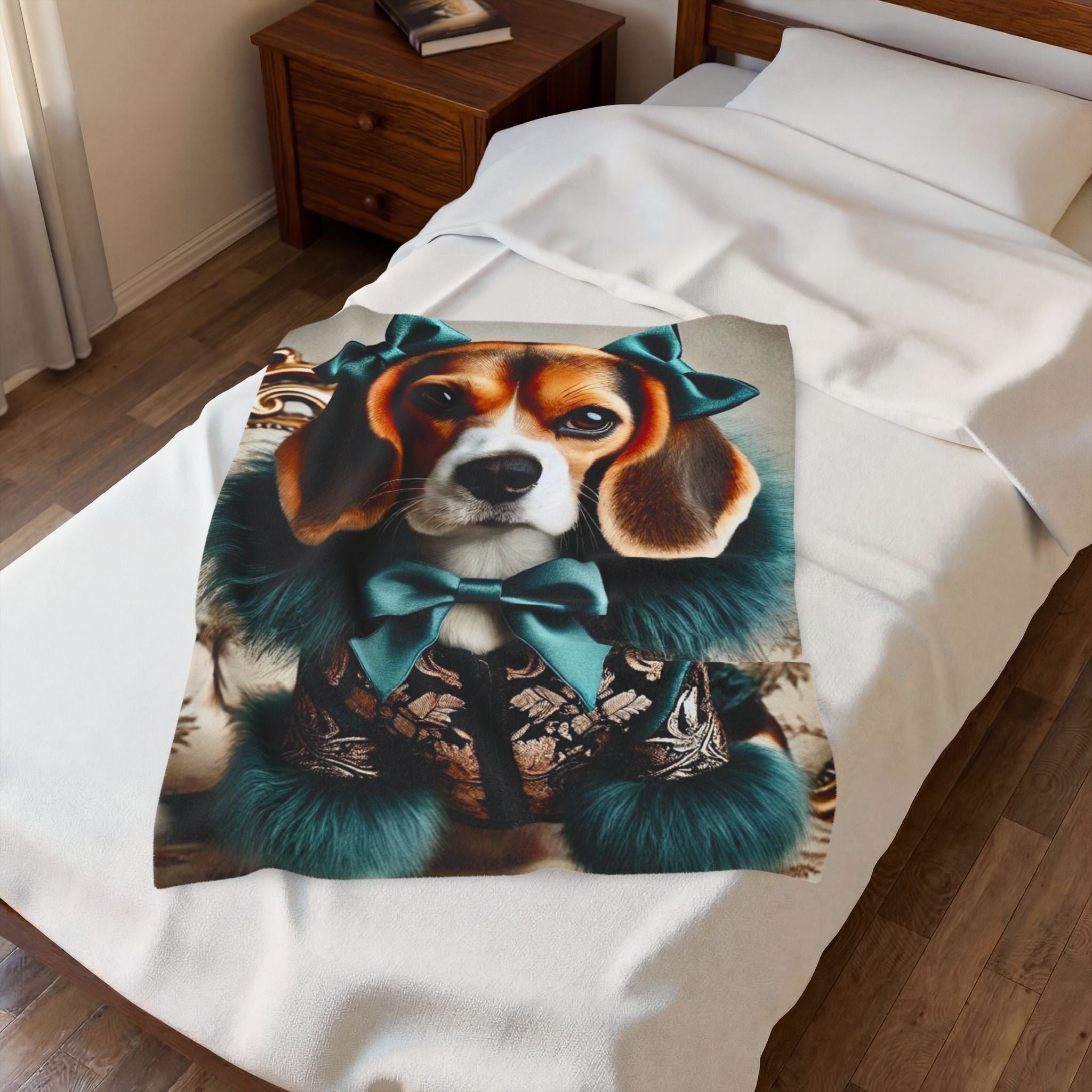 A printed blanket featuring a stylized beagle dressed in a teal bow tie and patterned vest, laid across a white bed in a bedroom setting.