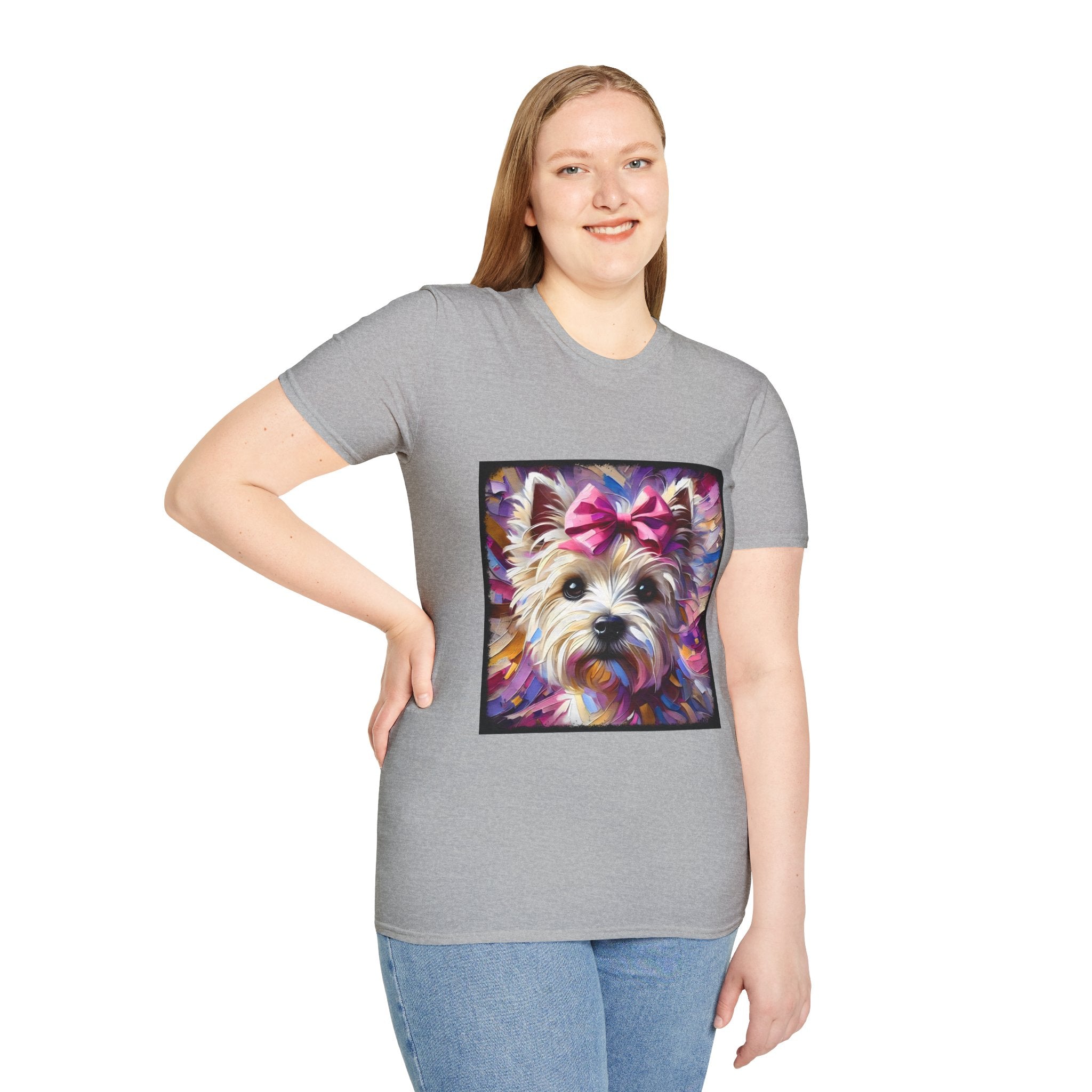 Female model in sport gray dog t-shirt with Westie face, pink bow, and bold brushstroke colors in purple, pink, and gold.