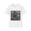 White dog t-shirt featuring a brindle boxer in leather jacket on green settee with chevron wall backdrop.