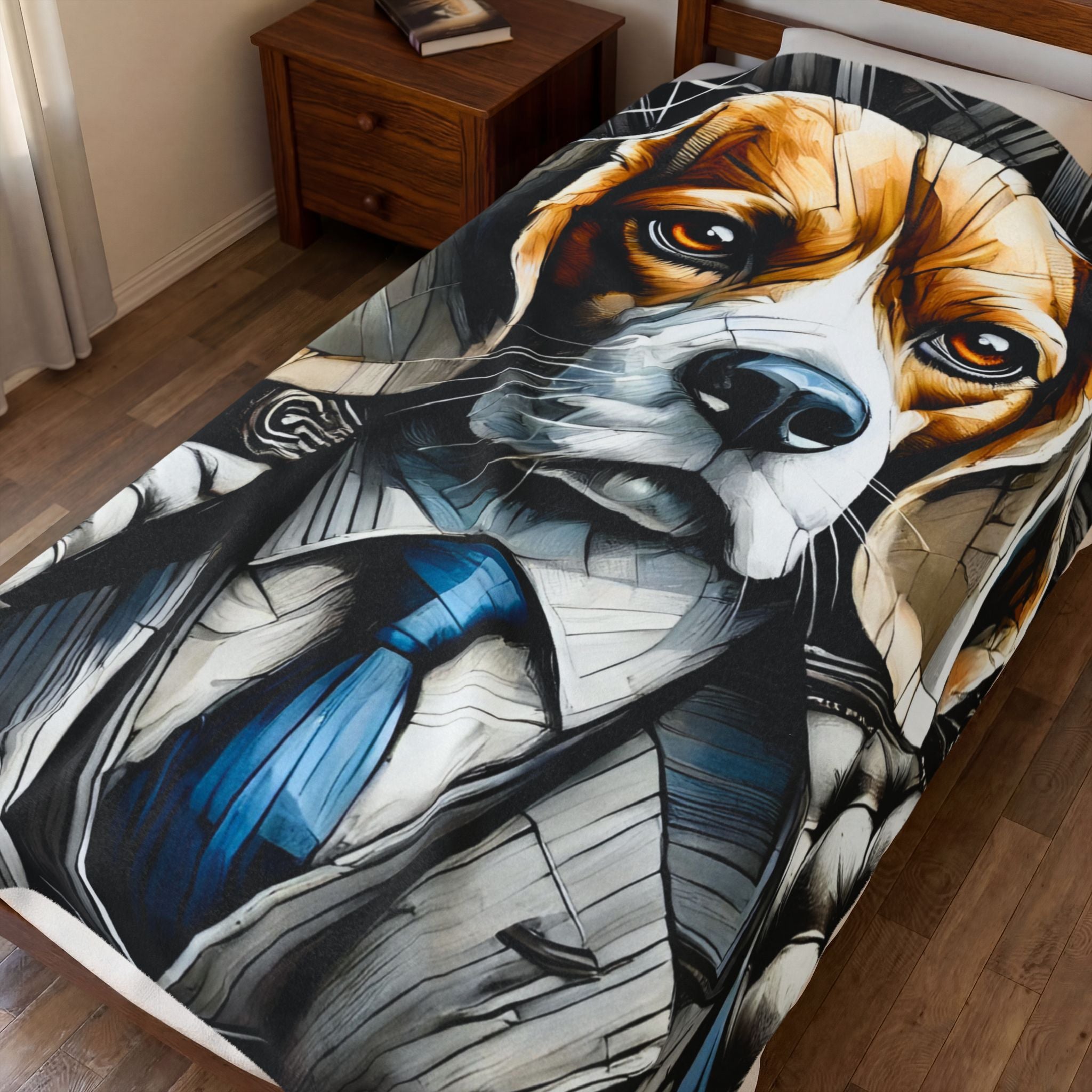 A close-up of a bed featuring a printed comforter or duvet with a stylized portrait of a beagle dressed in a suit and blue tie. The room includes a wooden nightstand, wood floor, and light-colored wall.