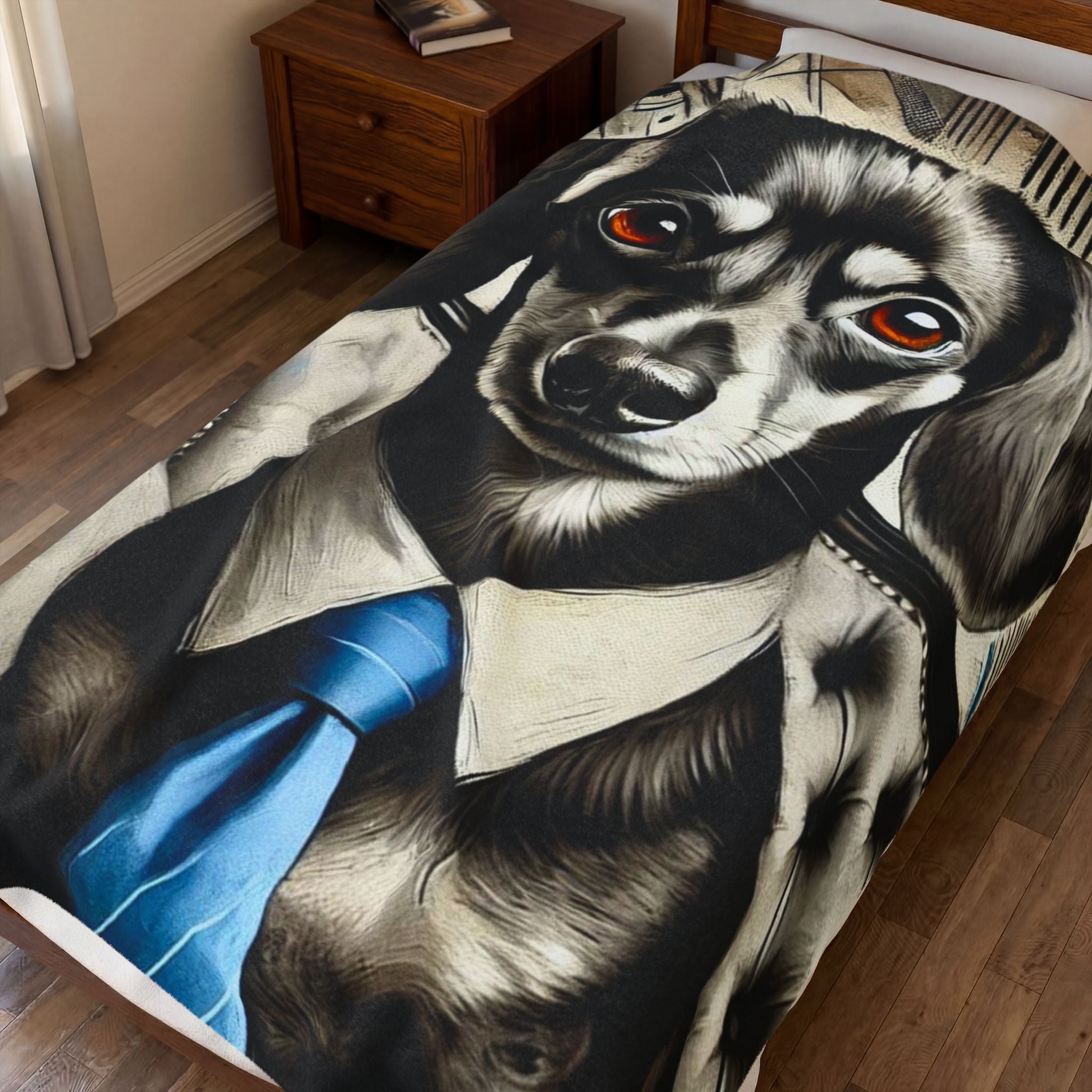 A close-up of a bed featuring a printed blanket with a stylized portrait of a black-and-white dog wearing a blue tie and cream shirt. The room includes a wooden floor, a wooden nightstand, and a window with curtains.