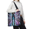 A woman carrying labrador retriever tote featuring a futuristic sci-fi theme.