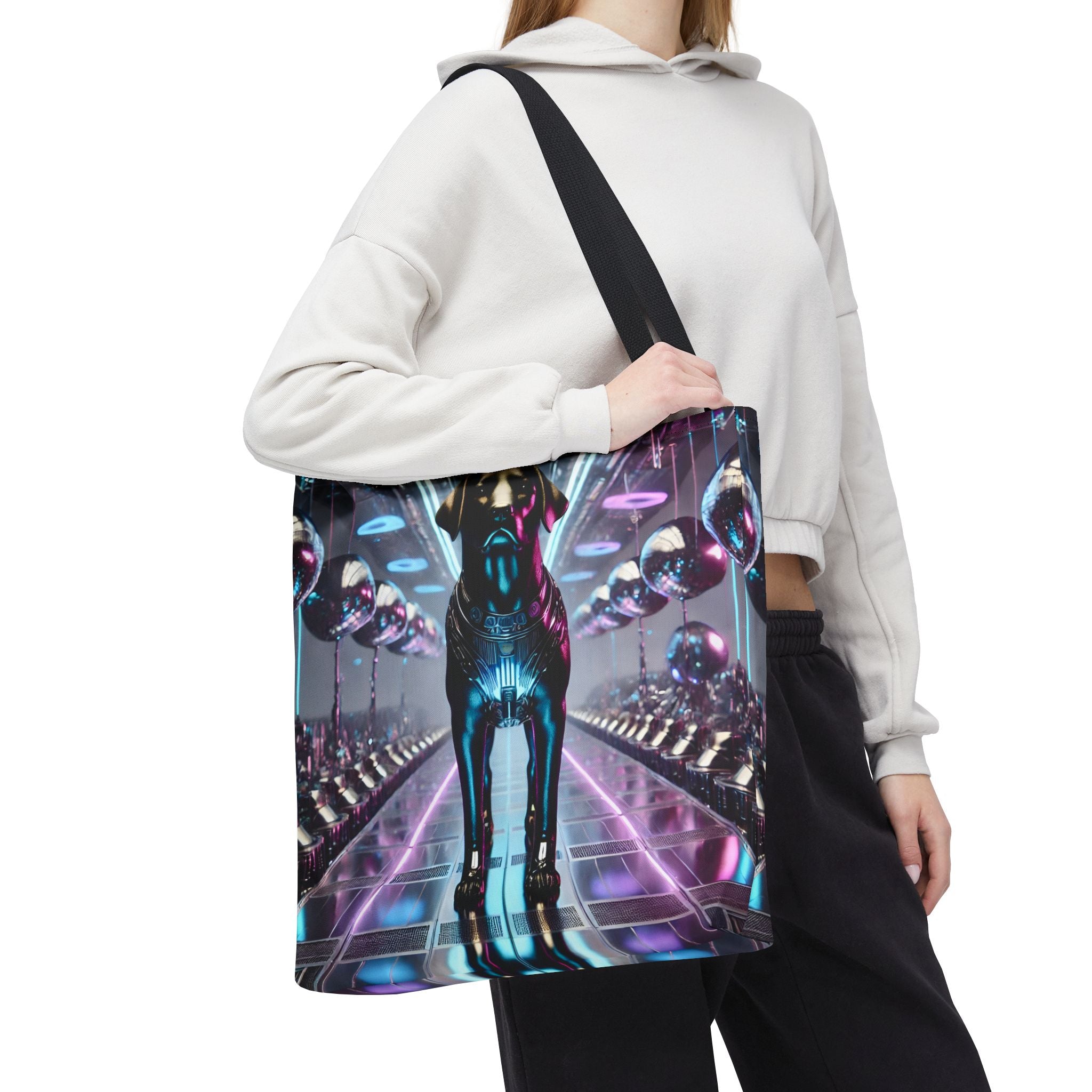 A woman carrying labrador retriever tote featuring a futuristic sci-fi theme.