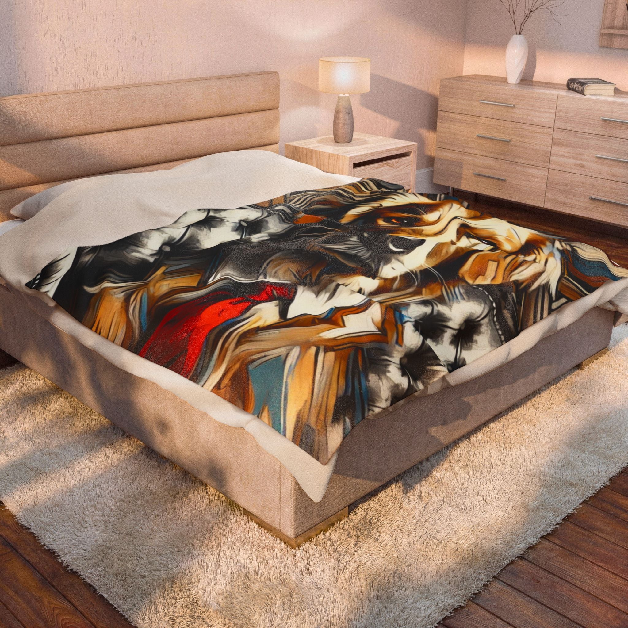 A bed in a styled bedroom setting, featuring a colorful abstract patterned throw blanket with black, white, orange, brown, and red swirls. The bed frame is upholstered in beige fabric, set on a cream shag rug with a wooden nightstand and dresser in the background.