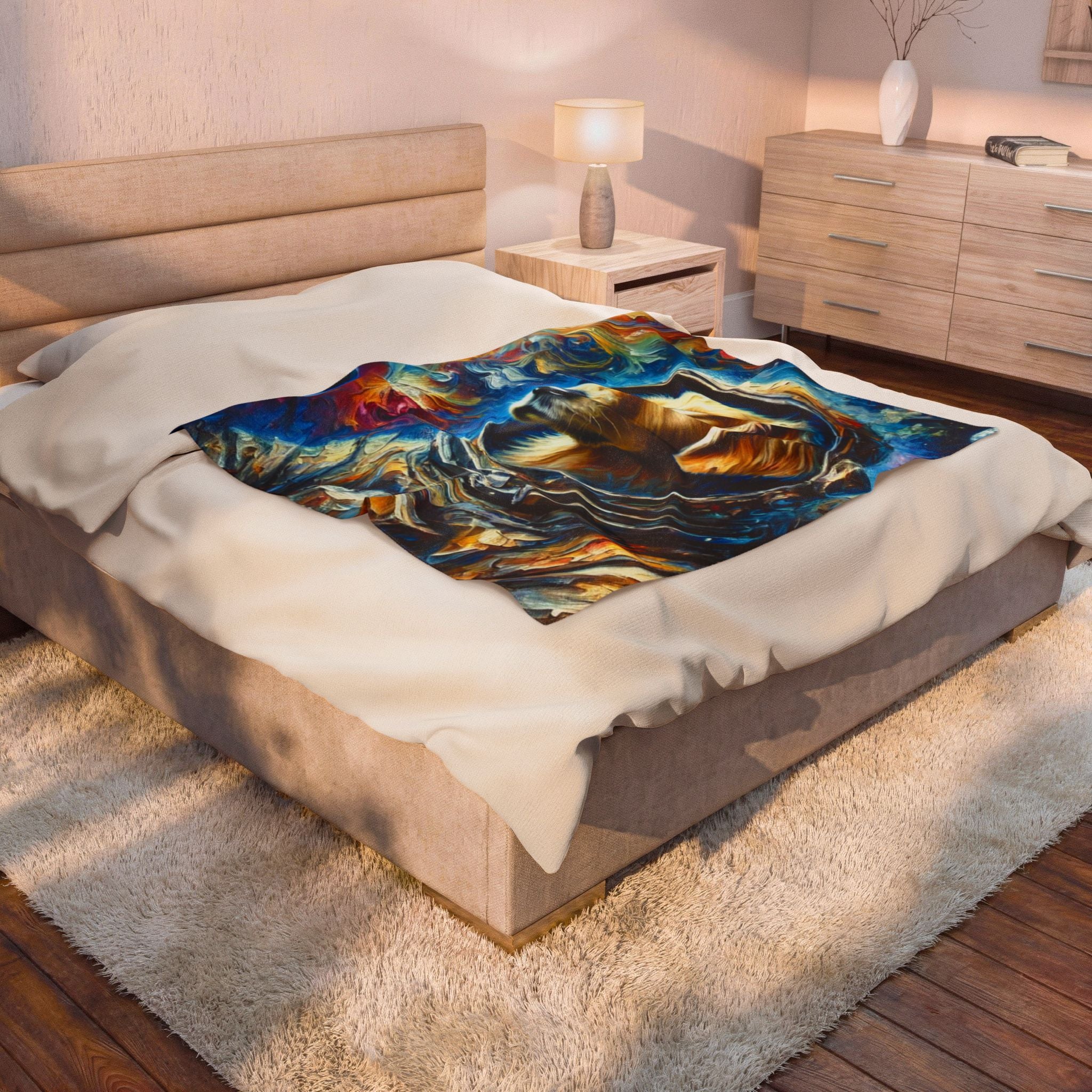 Golden Retriever velveteen plush blanket featuring the "Space Pup" design with fun space-inspired artwork for Golden Retriever lovers.
