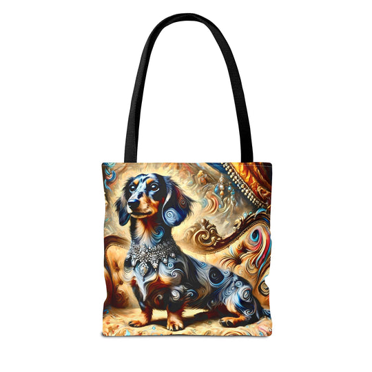 A tote bag with black shoulder straps and a colorful printed design of a dachshund wearing a jeweled collar, set against an ornate swirling background.