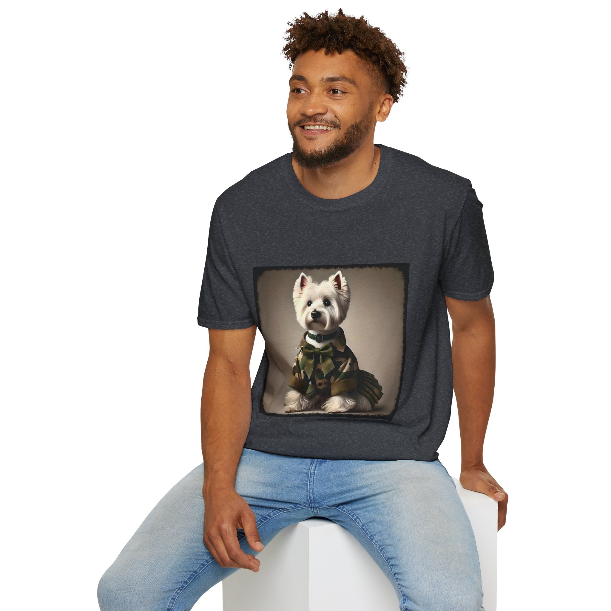 Male model in dark heather gray dog t-shirt featuring Westie in camouflage jacket and pleated skirt against neutral backdrop.