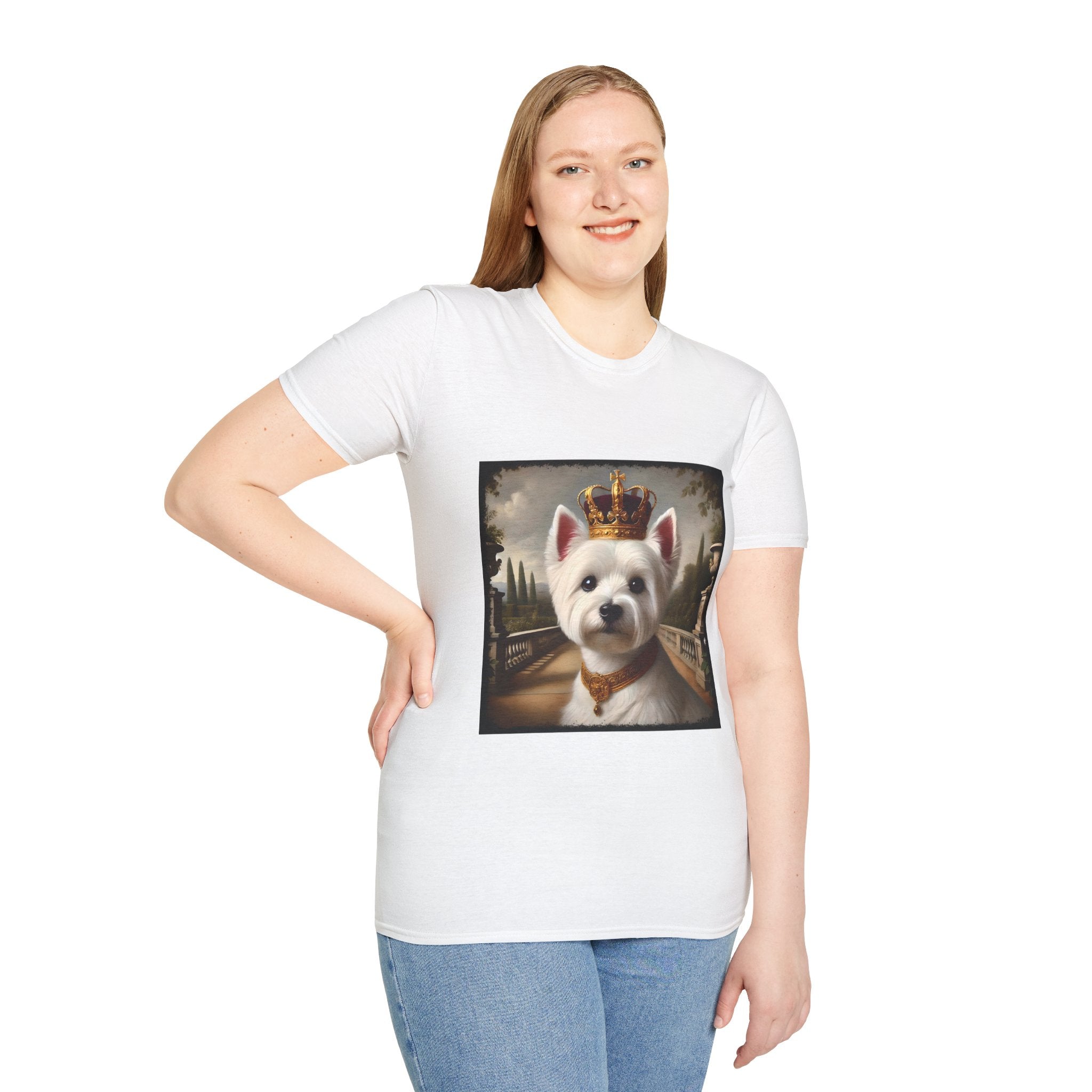 Female model in white dog t-shirt featuring regal Westie in gold crown and collar on palace terrace background.