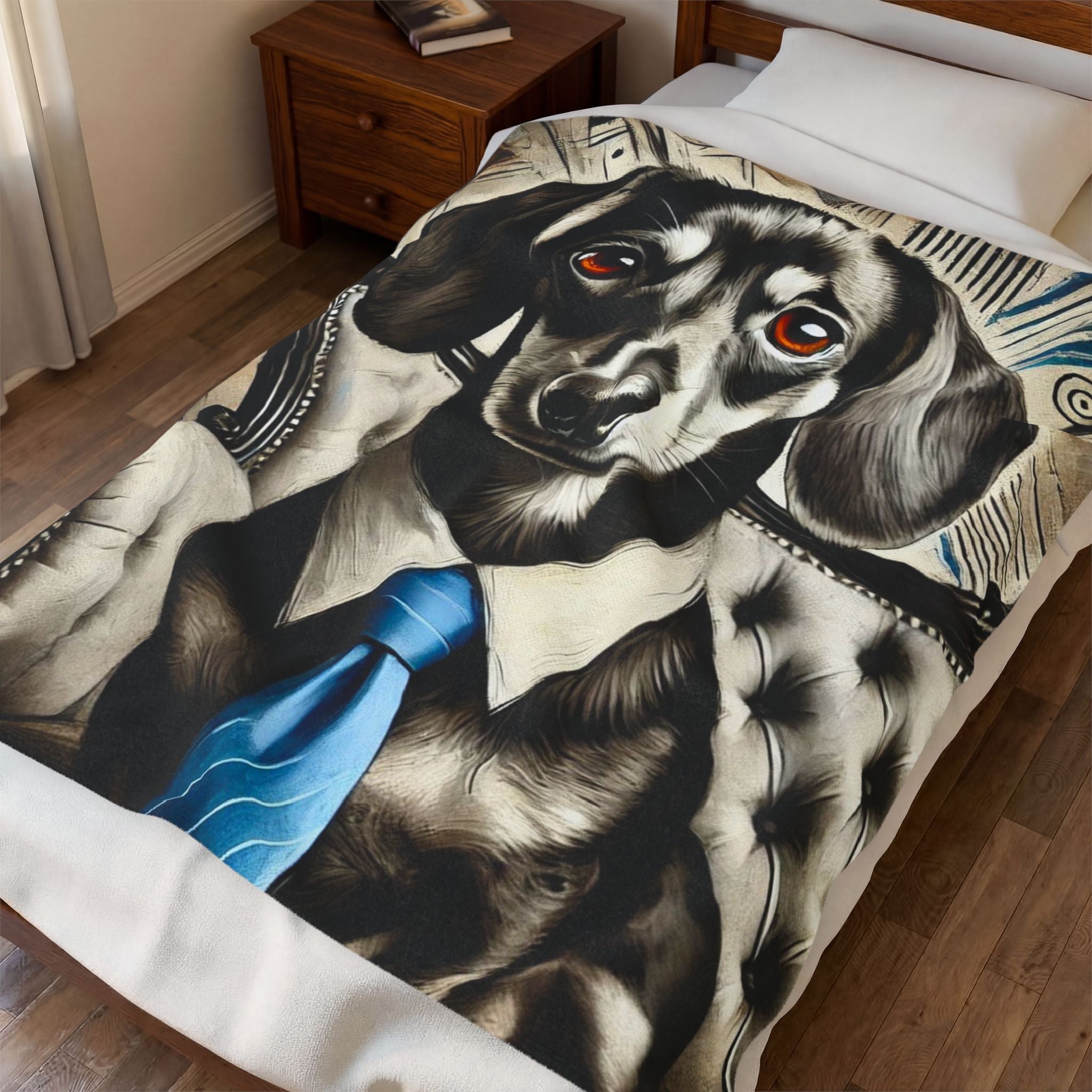 A printed  blanket laid on a bed in a bedroom, featuring a stylized black-and-white dog portrait with a bright blue tie and small orange eyes. A wooden nightstand and wood floor are visible in the room.