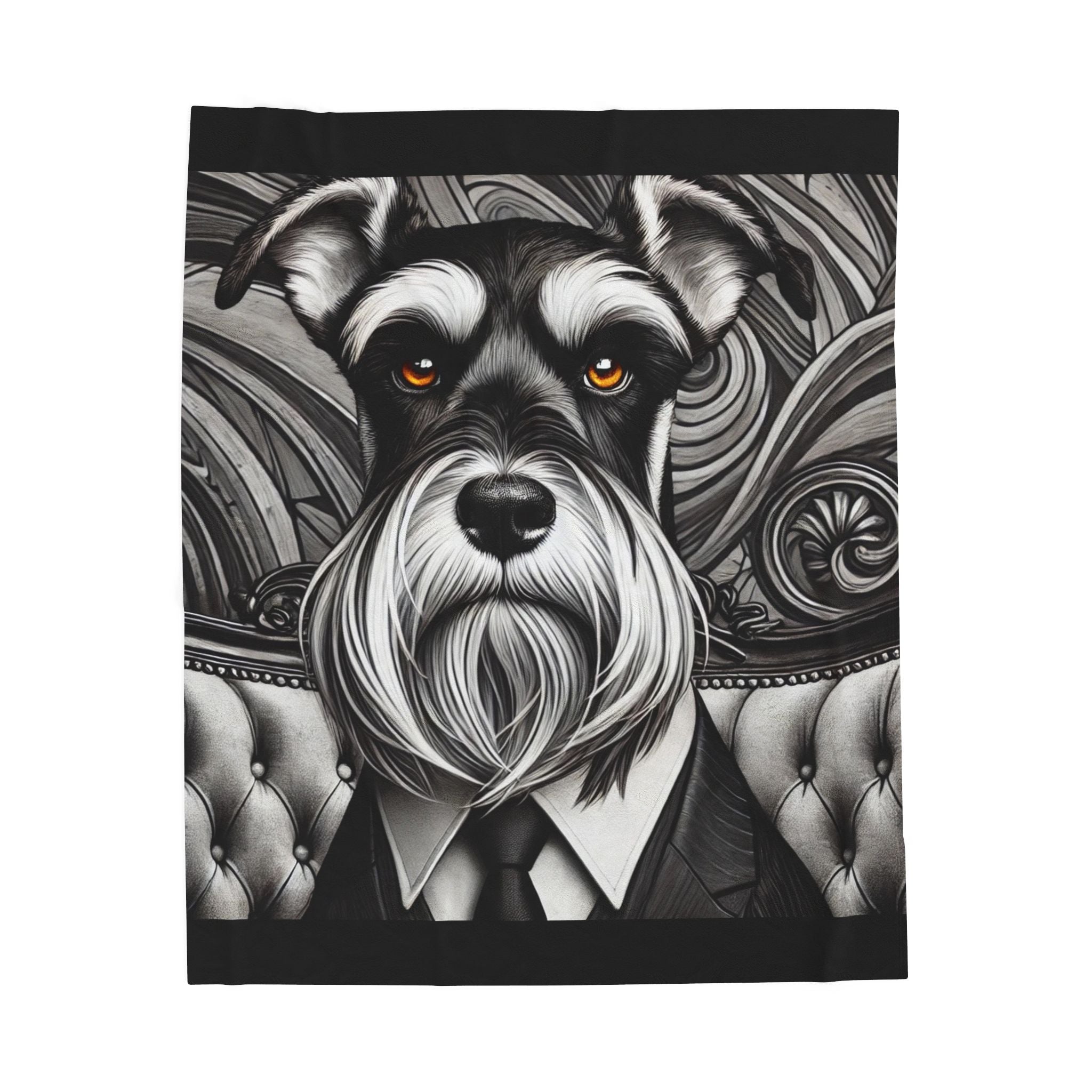 A square wall art print featuring a stylized black-and-white portrait of a schnauzer dog wearing a suit and tie, with orange eyes, set against an ornate gray patterned background. The print is shown centered on a plain white backdrop.